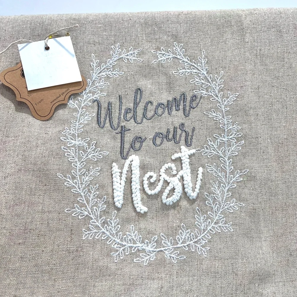 Tan Linen Embroidered Hand Towels French Knot Welcome to Our Nest Set of 2